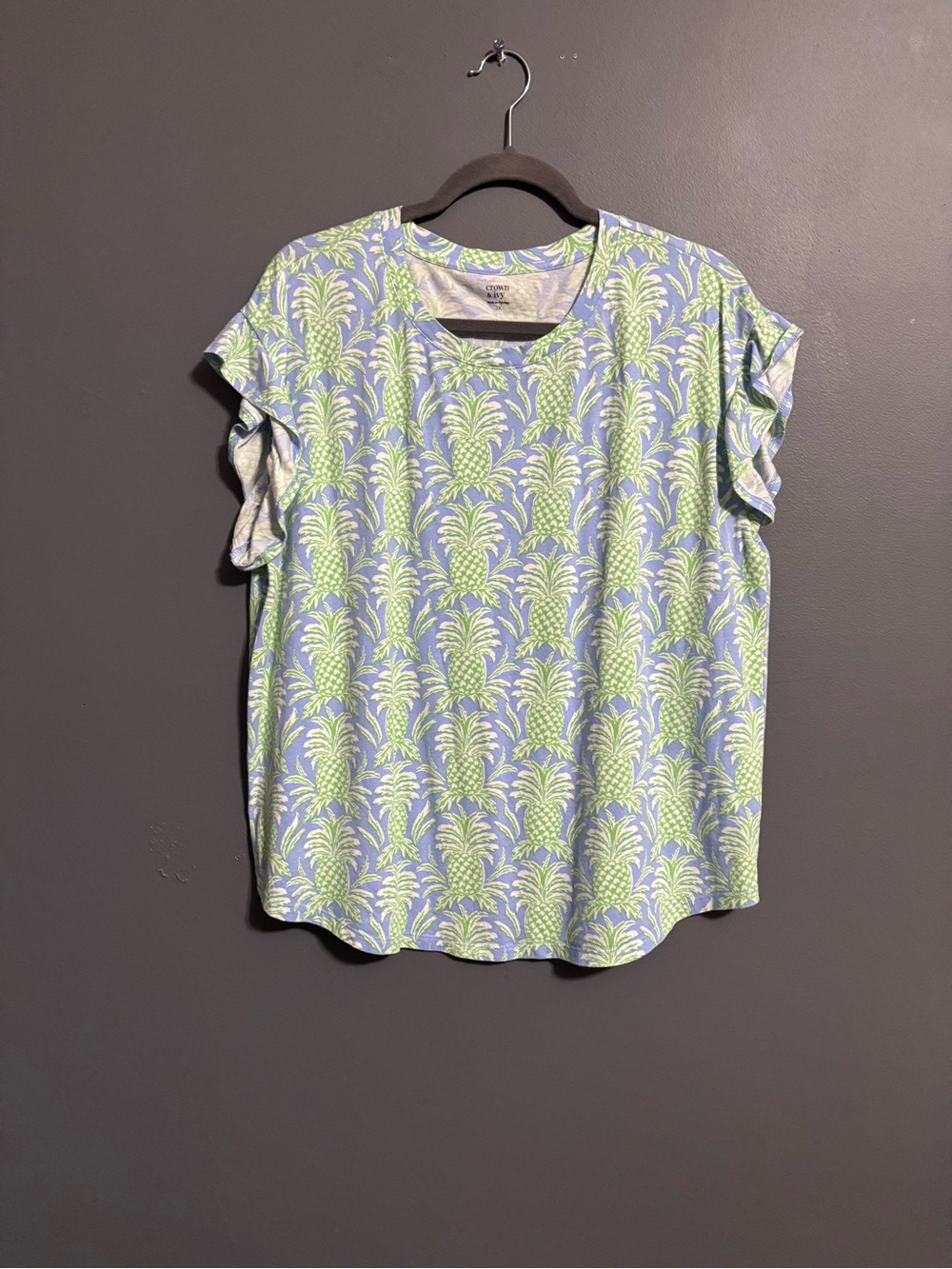 Crown & Ivy Blue Green Pineapple Tropical coastal prep Ruffle Sleeve Tee size 1X